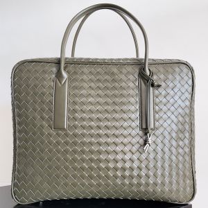 Bottega Veneta Large Getaway Weekender Briefcase In Intreccio Calfskin Dark Khaki