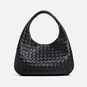 Bottega Veneta Medium Campana Shoulder Bag In Supple Intrecciato Lambskin Black