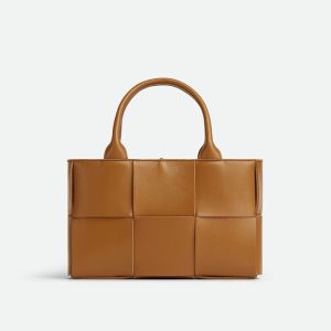Bottega Veneta Mini Arco Tote with Detachable Strap In Intreccio Leather Brown