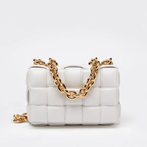 Bottega Veneta Large Cassette Chain Crossbody Bag In Intreccio Padded Lambskin White