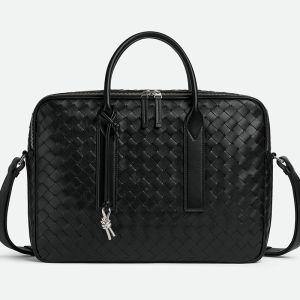 Bottega Veneta Large Getaway Briefcase In Intreccio Lambskin Black