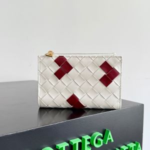 Bottega Veneta Medium Bi-Fold Zip Wallet In Intrecciato Lambskin White/Red